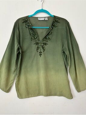 MILLENIUM Green Ombré Sequin Embroidered Tunic Top Boho Long Sleeved Size L